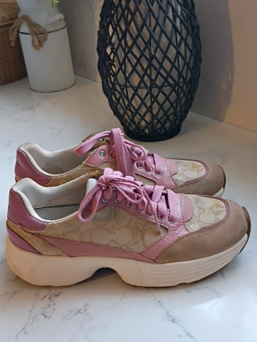 Coach Pink Logo-Pattern Platform Sneakers